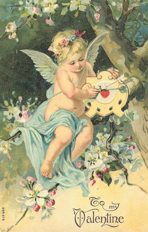 Cherub Painting Valentine Card - Victorian Winged Cupid Art
