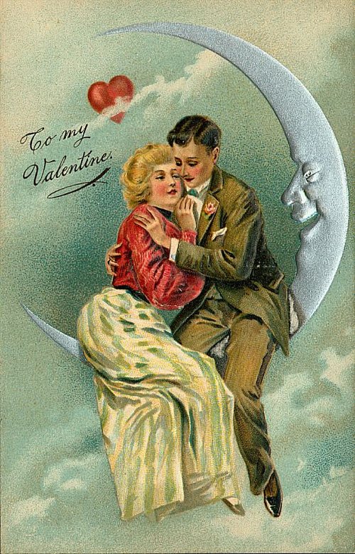 Edwardian Valentine Couple on Moon Chromolithograph Card