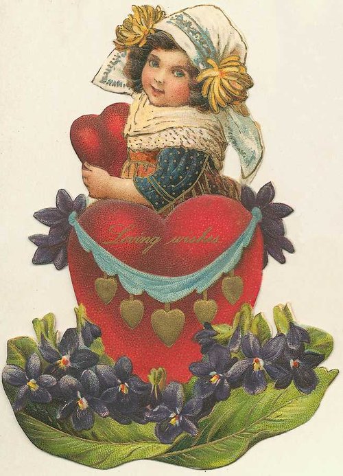 Victorian Valentine Girl with Giant Heart & Violets Die-Cut