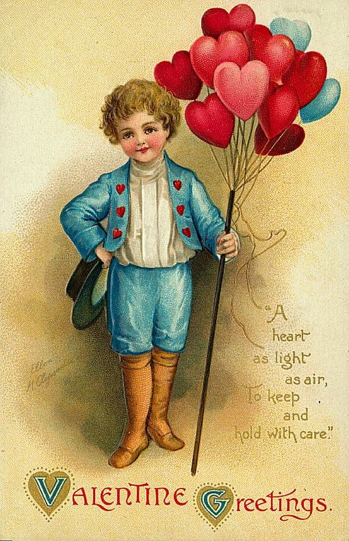 Victorian Valentine Greeting Card: Cherub Boy with Heart Balloons