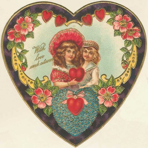 Victorian Valentine Die-Cut Heart with Children and Flowers
