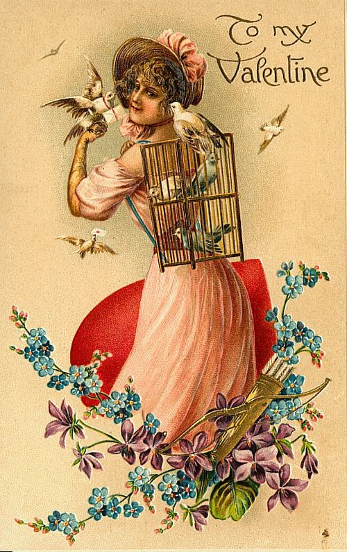 Victorian Valentine with Young Woman, Birdcage & Flowers