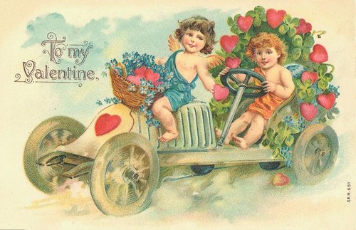 Victorian Valentine's Day Cherubs Racing Car with Heart Flowers