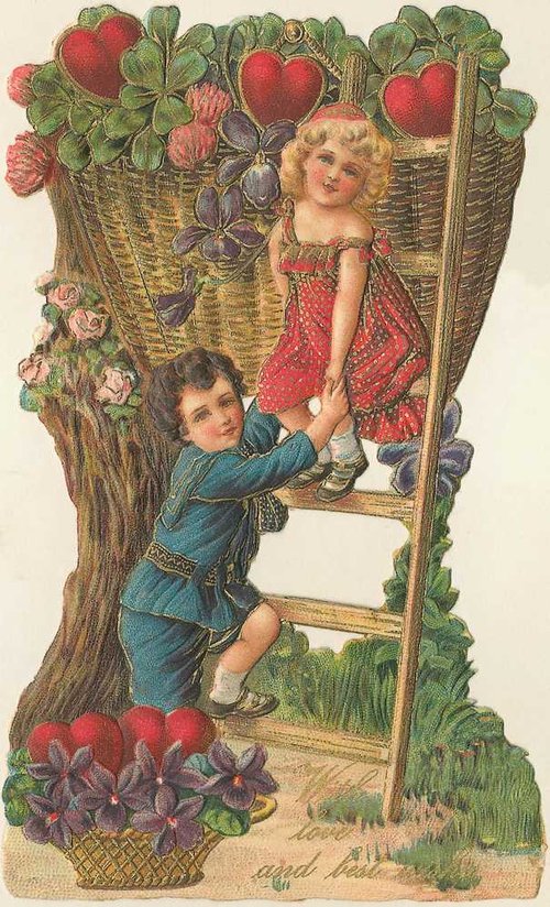 Victorian Children Climbing Fruit Basket Die-Cut Greeting Card