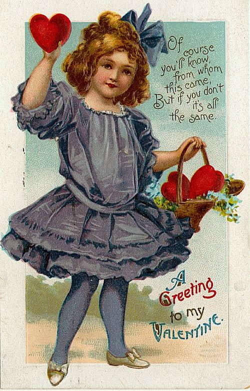 Victorian Valentine Girl with Hearts – Charming 1890s Greeting Card