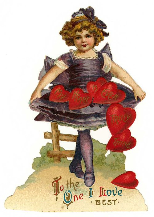 Victorian Valentine Die-Cut: Golden-Haired Girl with Red Hearts
