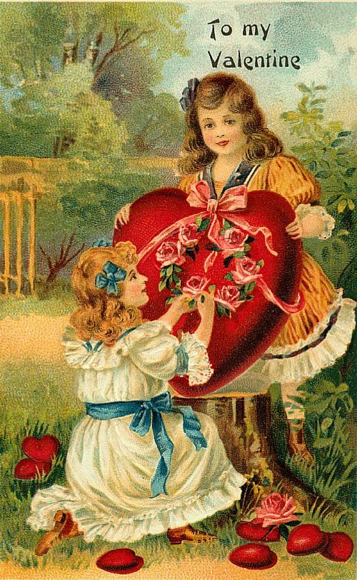 Victorian Valentine's Day Greeting Card with Two Girls