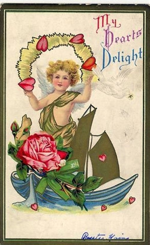 Victorian Valentine Cherub with Rose & Boat Greeting Card