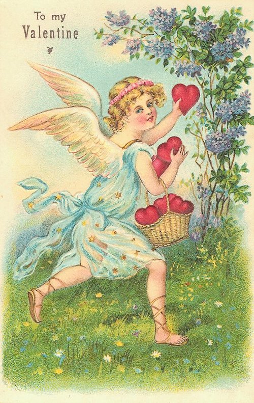 Victorian Cupid Valentine Card with Blue Lilacs & Red Hearts