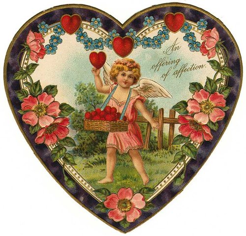 Victorian Cupid Valentine Die-Cut Heart Card with Flowers