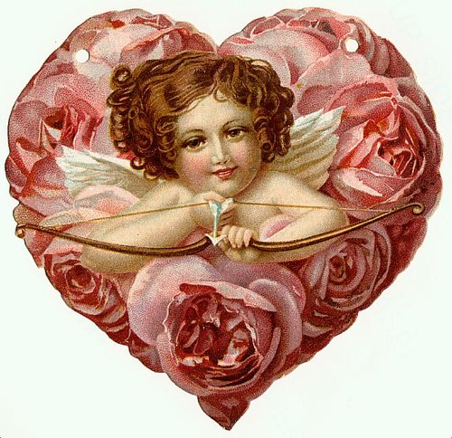 Victorian Cupid Valentine Card with Roses Die-Cut Heart