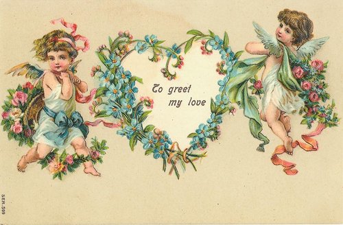 Victorian Cupid Angels Love Greeting Card with Blue Flowers