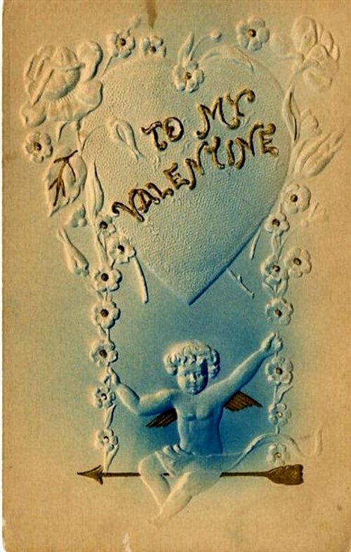 Edwardian Cupid Valentine Greeting Card with Embossed Hearts