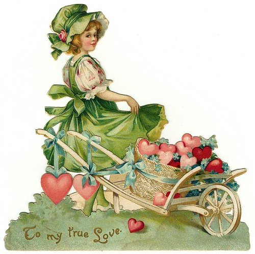 Victorian Valentine: Young Woman with Heart Wheelbarrow Die-Cut Card