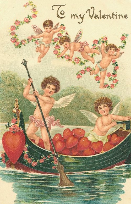 Victorian Valentine Cherubs Boat & Roses Greeting Card