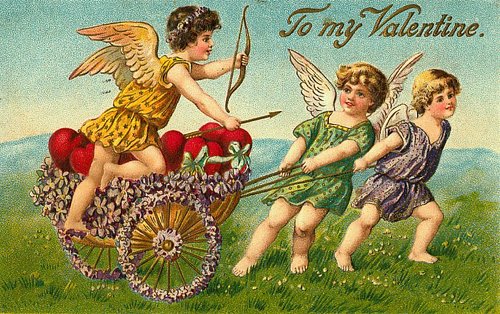 Victorian Cupid Valentine Card with Angels & Flowers