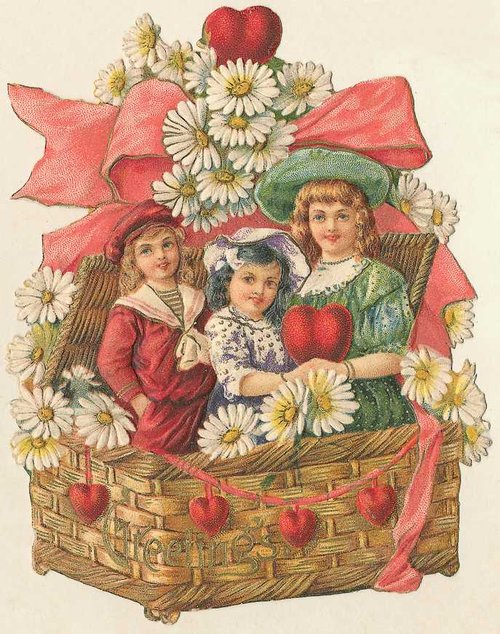 Victorian Children Basket Die-Cut Greeting Card with Daisies