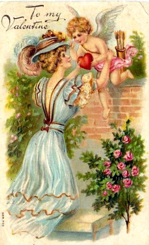 Victorian Valentine Card with Cupid and Woman in Blue Dress