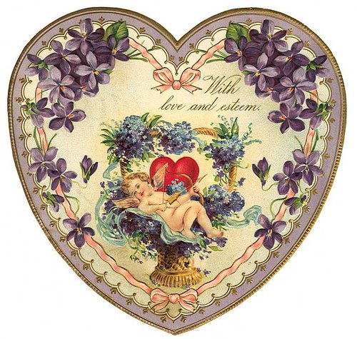 Victorian Valentine Heart Cherub Violet Flowers Die-Cut Card