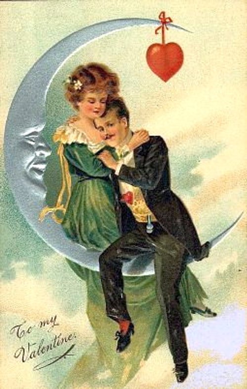 Vintage Victorian Valentine's Day Card with Couple on Moon