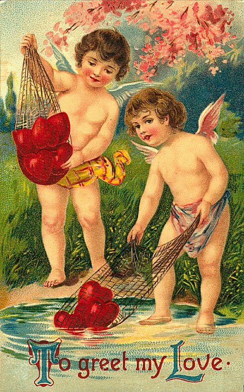 Cherub Cupids Fishing Hearts Victorian Love Greeting Card