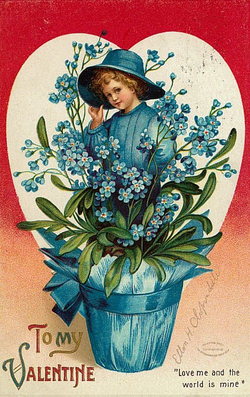 Victorian Valentine Card: Child in Blue Forget-Me-Nots
