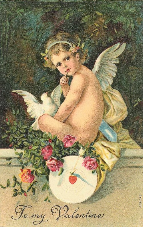 Victorian Valentine's Day Cupid Greeting Card with Roses