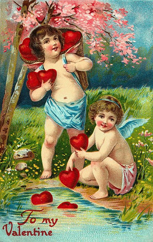 Victorian Cupids Valentine Greeting Card with Red Hearts