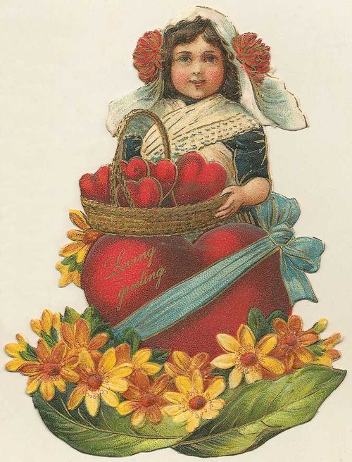 Victorian Die-Cut Girl with Apples & Flowers Greeting Card
