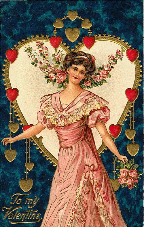 Edwardian Valentine's Day Greeting Card with Woman in Pink Dress