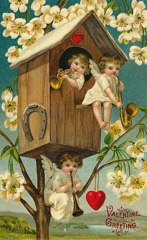 Victorian Valentine Cherubs Birdhouse Greeting Card