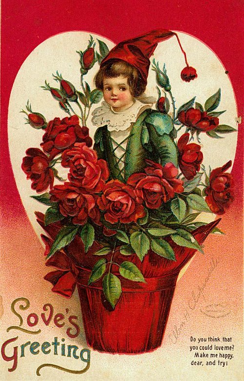 Victorian Love's Greeting Card Child in Rose Bucket