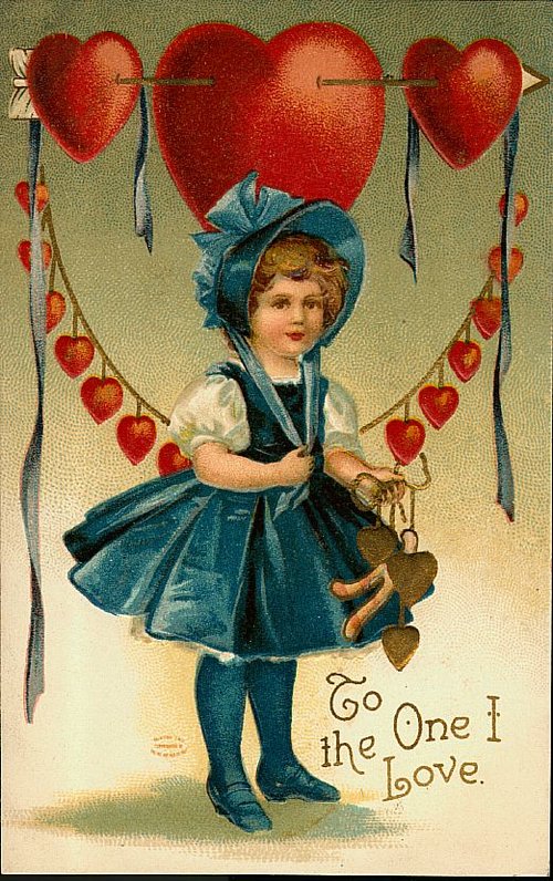 Vintage Valentine's Day Greeting Card Girl with Hearts Blue Bonnet