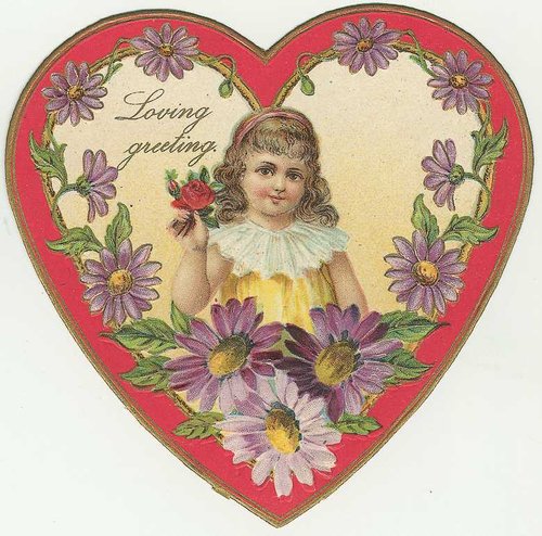 Victorian Die-Cut Heart Greeting Card with Child & Purple Flowers