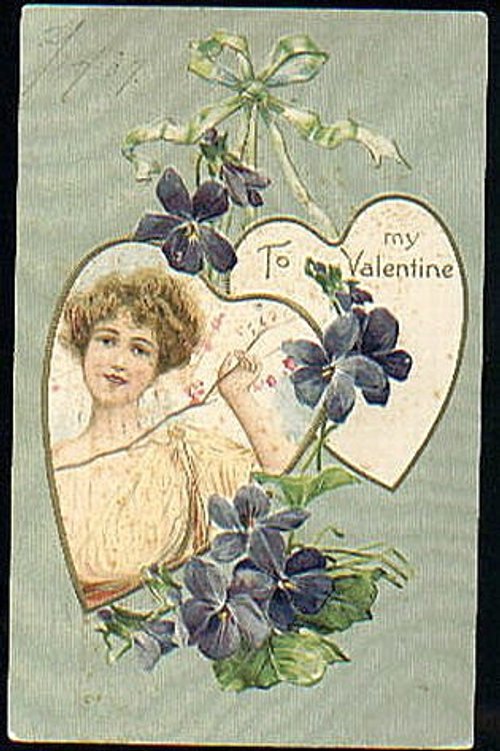 Victorian Valentine's Day Greeting Card with Young Woman and Violets