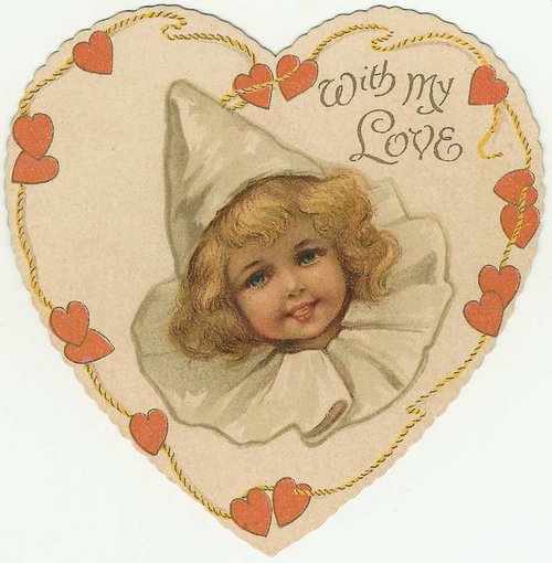 Victorian Die-Cut Valentine: Child in Pierrot Costume with Love Declaration