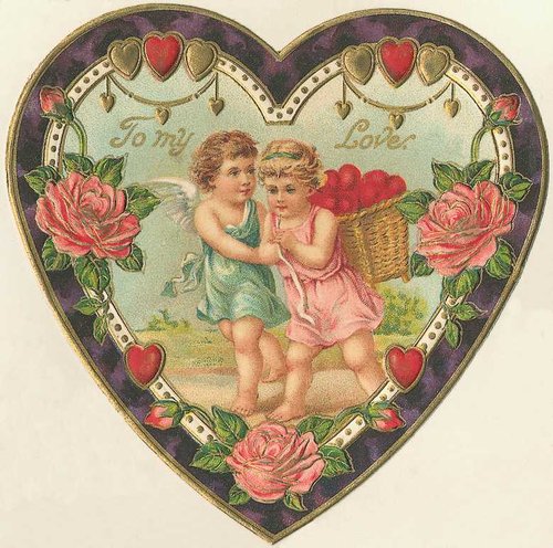 Victorian Valentine Die-Cut: Cherubs & Roses Heart Card