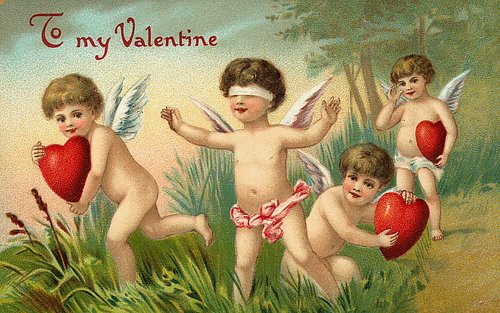 Victorian Valentine Cherubs with Hearts & Foliage Greeting Card