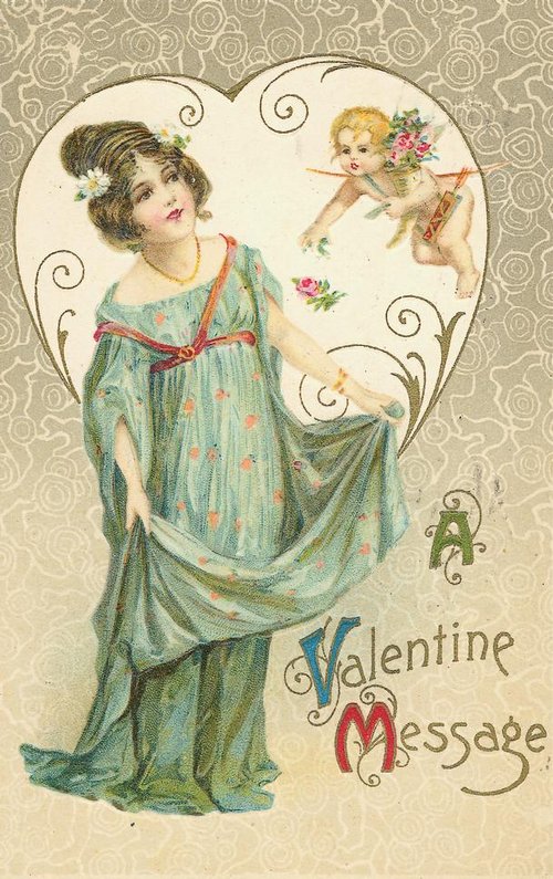 Victorian Valentine Message Card with Cupid & Woman 1890s