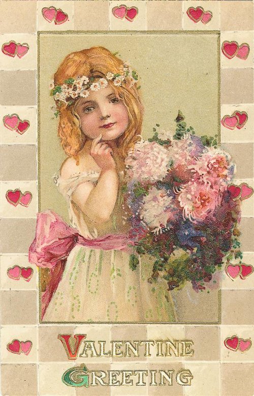 Victorian Valentine Greeting Card with Girl & Pink Flowers