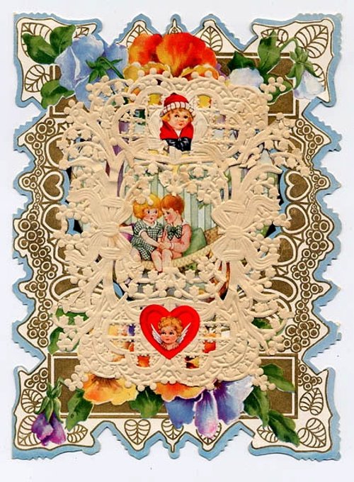 Victorian Die-Cut Valentine with Children, Cupid & Floral Embossed Border