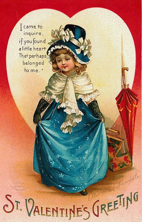 Victorian St. Valentine's Greeting - Blue Dress Child Die-Cut Card