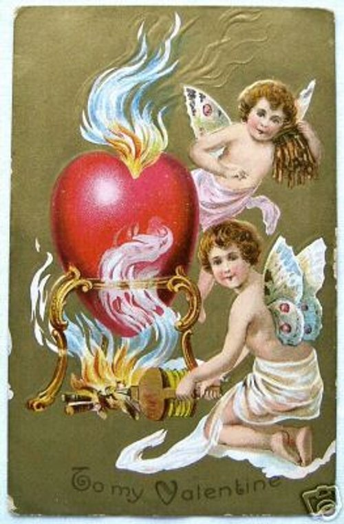 Victorian Valentine with Cherubs and Flaming Heart