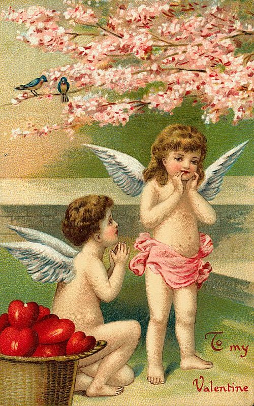 Victorian Valentine Cherubs & Blossoms Vintage Greeting Card