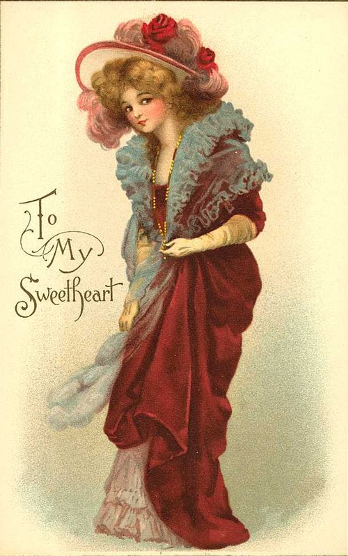 Victorian Sweetheart Valentine Card - Elegant Woman in Red Dress