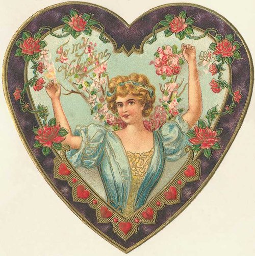 Victorian Heart-Shaped Valentine Card with Roses & Elegant Woman