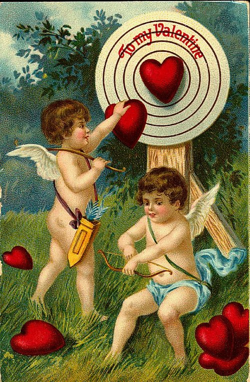 Victorian Valentine Cupids with Target Heart - Antique Greeting Card