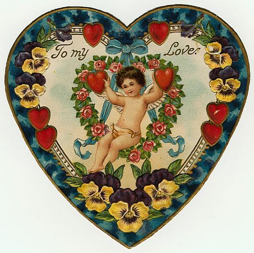 Victorian "To My Love" Die-Cut Heart Card with Cherub & Flowers
