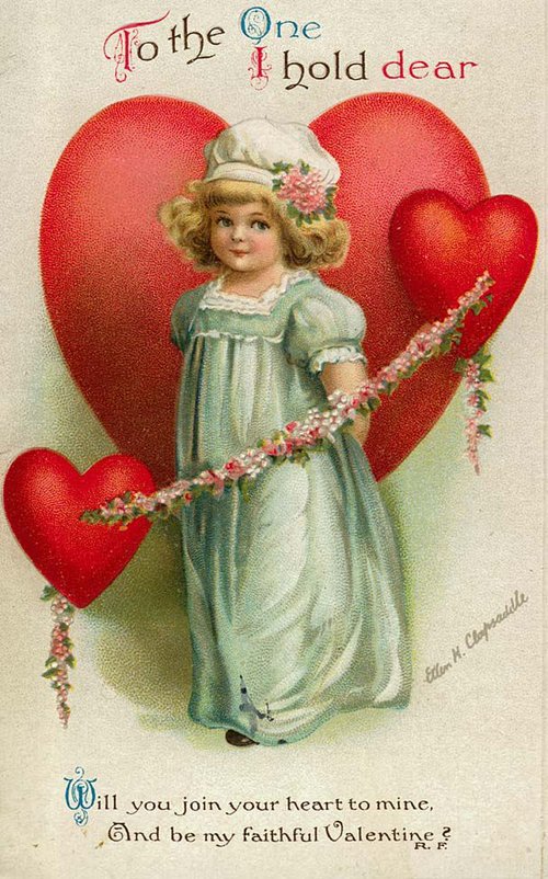 Victorian Valentine Card with Girl & Floral Hearts