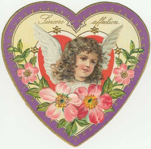 Victorian Heart-Shaped Valentine with Cherub & Pink Flowers